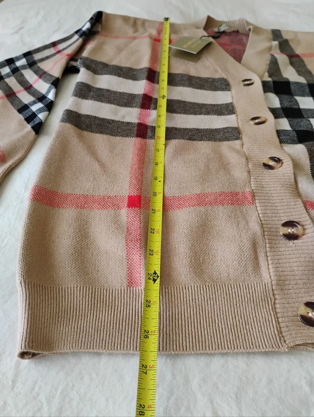 Beige Plaid V-Neck Button Cardigan with Red Accents